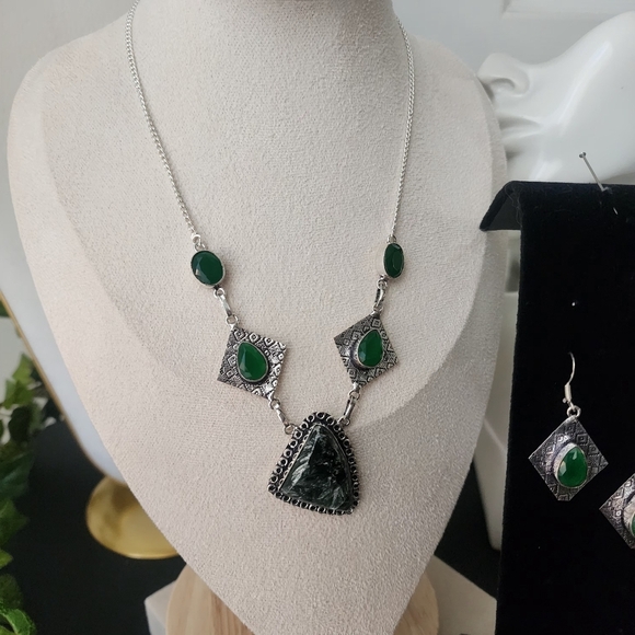 Boho 925 Silver Plated Necklace Earrings Set Seraphinite Pendant Emerald Green - Picture 4 of 8